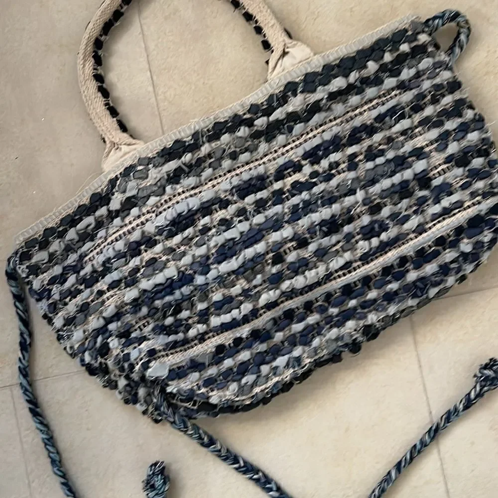 Large Cotton Canvas Tote Bag - Blue Stitched BRAND NEW - Pom Detailing